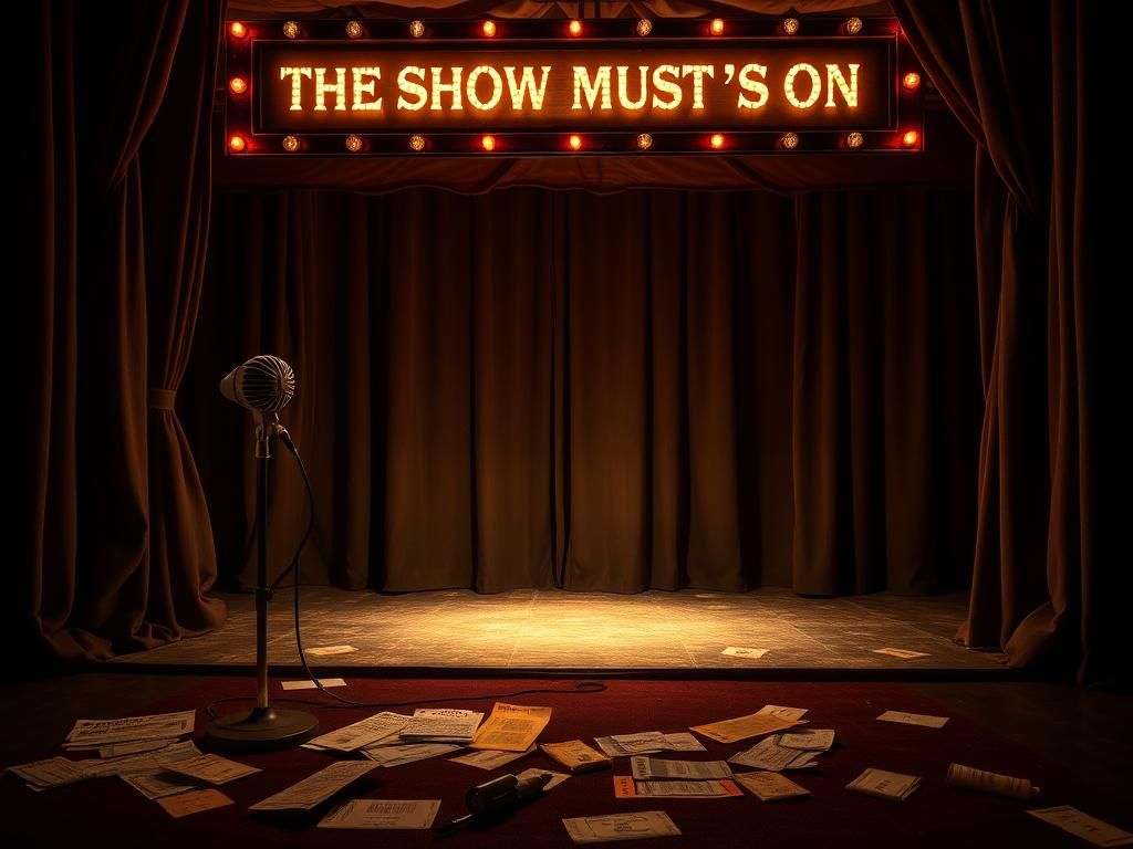 Flick International Dimly lit vintage theater stage with empty spotlight and old-fashioned microphone