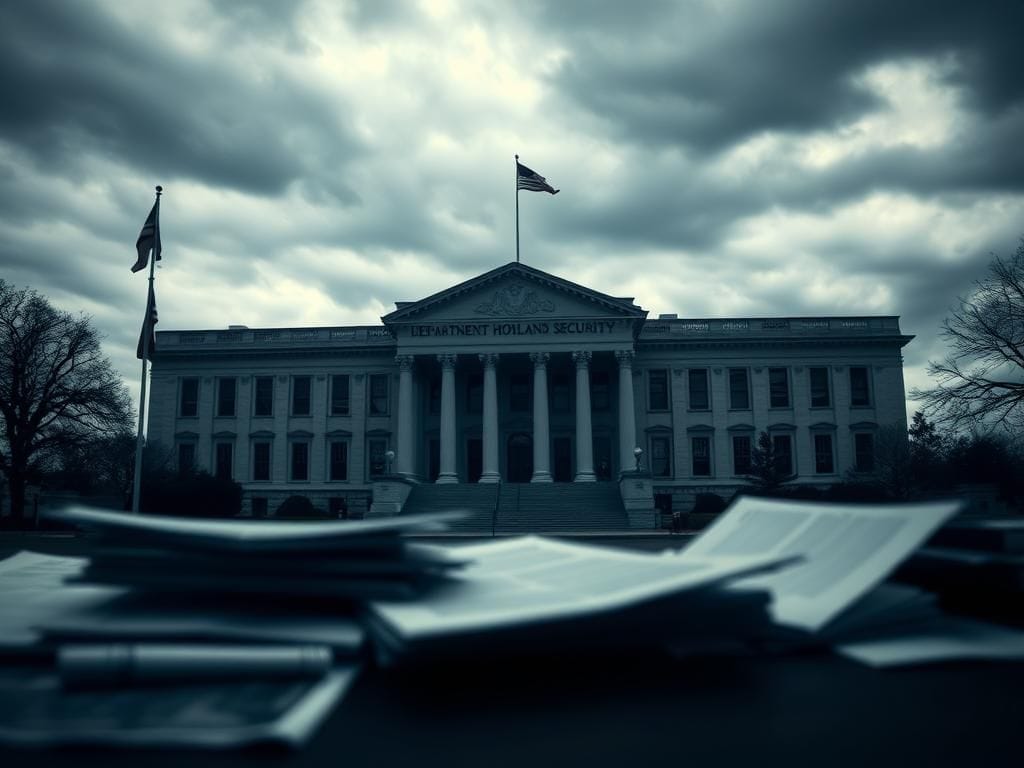 Flick International Government building of the Department of Homeland Security under a cloudy sky