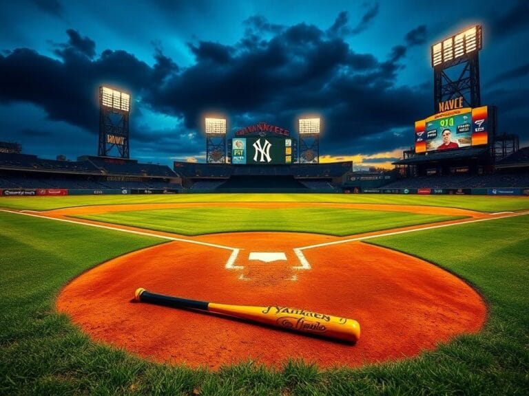 Flick International Twilight view of Yankee Stadium baseball diamond with a broken bat near the pitcher's mound