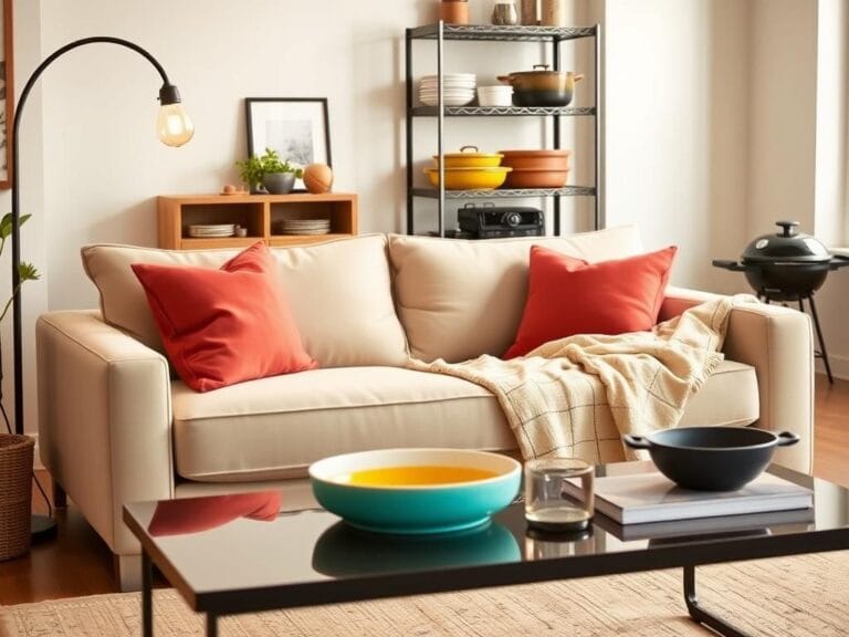 Flick International Cozy living room featuring a modern sleeper sofa and vibrant cookware