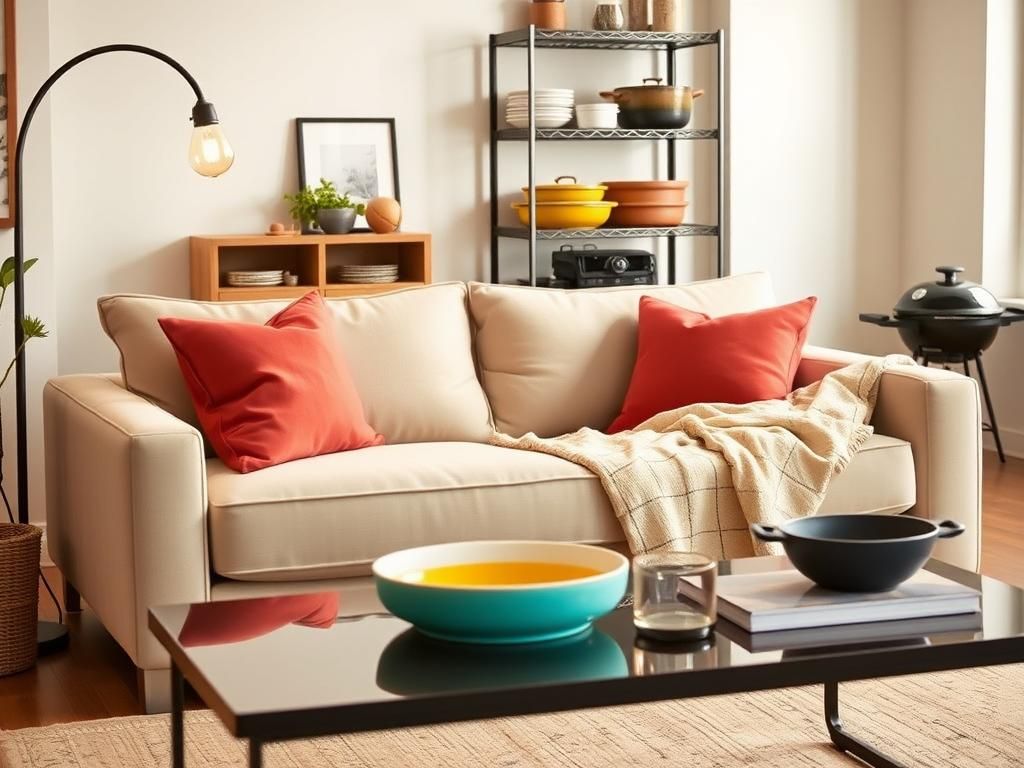 Flick International Cozy living room featuring a modern sleeper sofa and vibrant cookware
