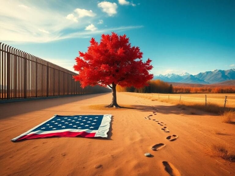 Flick International A serene landscape depicting the US-Canada border with a maple tree and an American flag