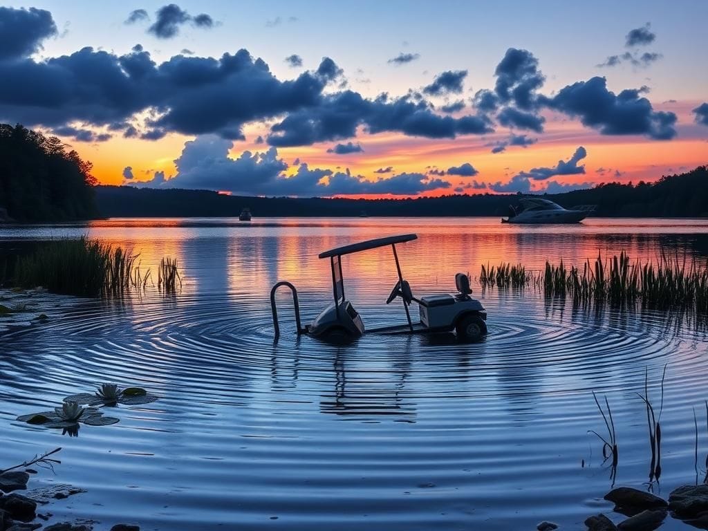 Flick International Partially submerged golf cart at Atwood Lake surrounded by water lilies and reeds