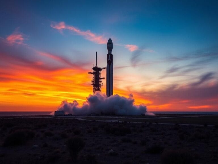 Flick International Dramatic sunset over SpaceX launch site with Starship rocket on the launch pad