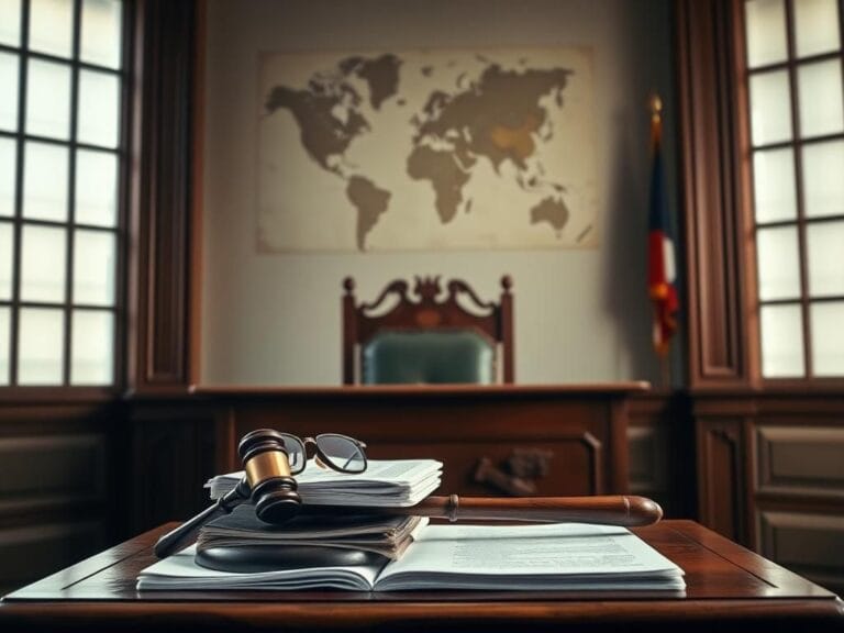 Flick International Interior courtroom scene featuring a judge's bench and legal documents