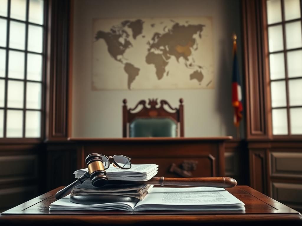 Flick International Interior courtroom scene featuring a judge's bench and legal documents