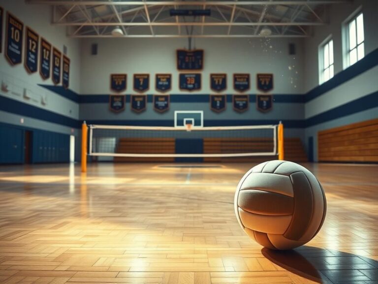 Flick International A deserted high school gymnasium with volleyball nets and an idle volleyball, symbolizing the impact of game forfeitures.