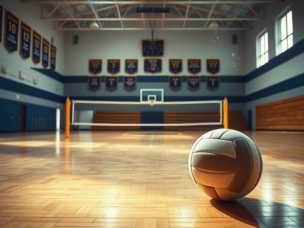 Flick International A deserted high school gymnasium with volleyball nets and an idle volleyball, symbolizing the impact of game forfeitures.