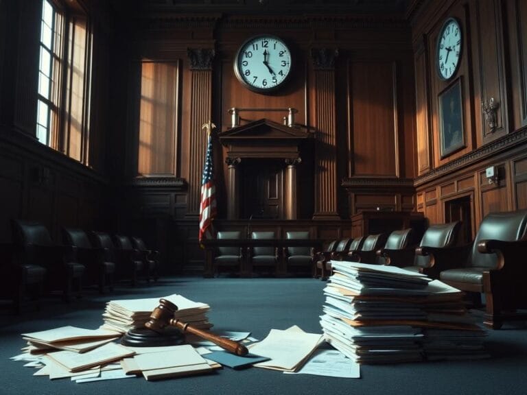Flick International A hauntingly empty Senate chamber with vacant seats and a large U.S. flag, representing stalled confirmations.