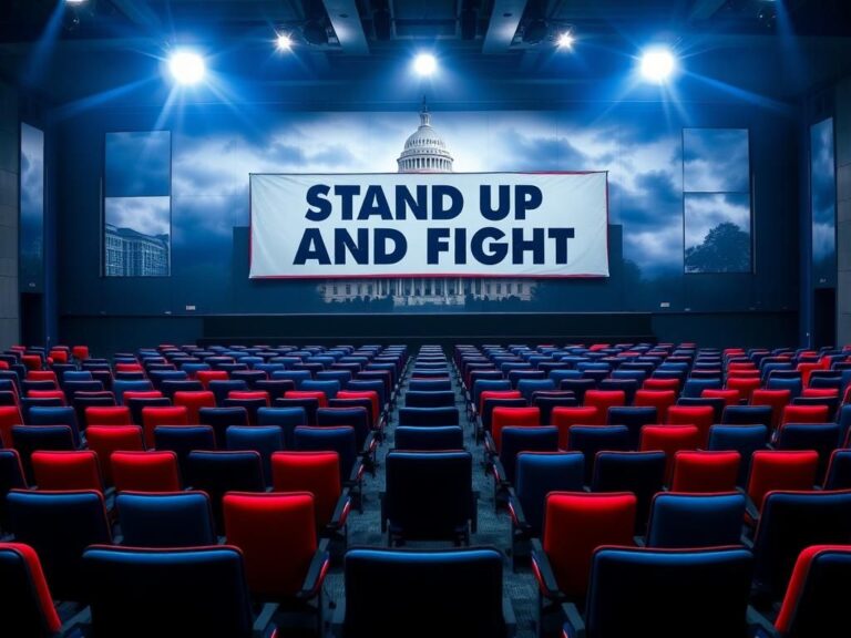 Flick International Empty conference room set up for a political meeting, symbolizing Democratic Party tensions.