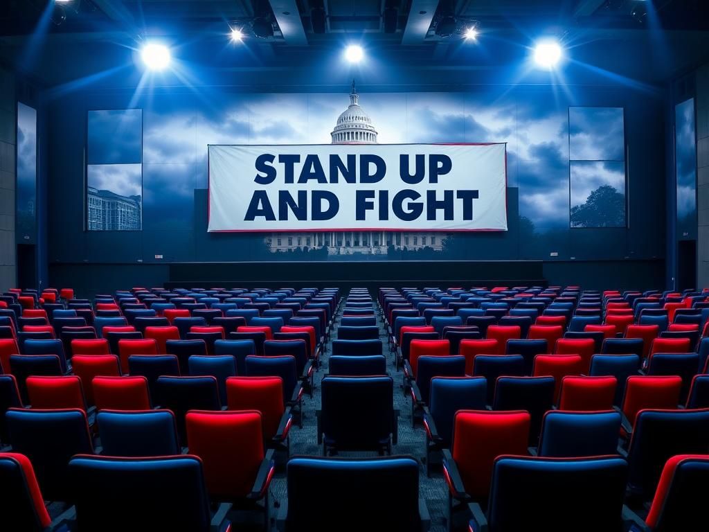 Flick International Empty conference room set up for a political meeting, symbolizing Democratic Party tensions.