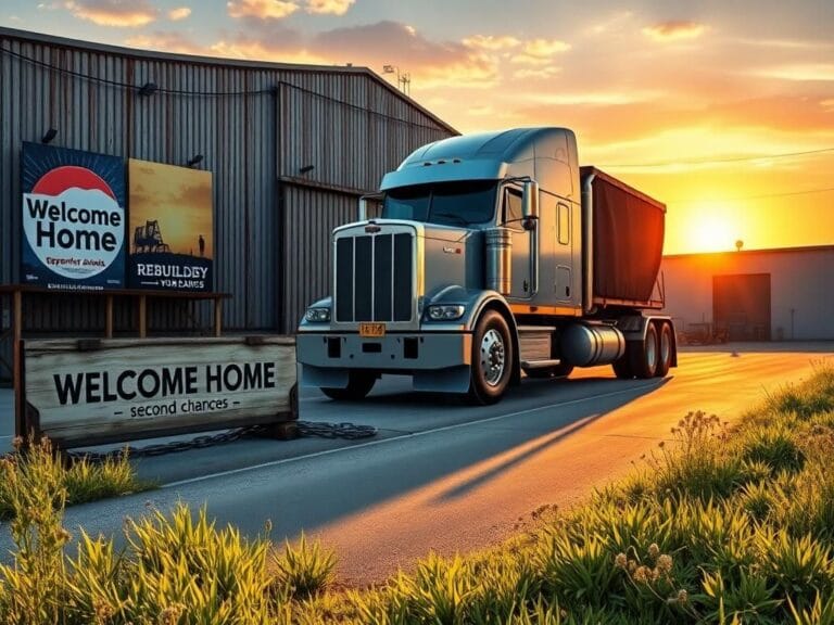 Flick International An imposing semi-truck parked in front of a rustic warehouse symbolizing second chances for reformed ex-convicts.