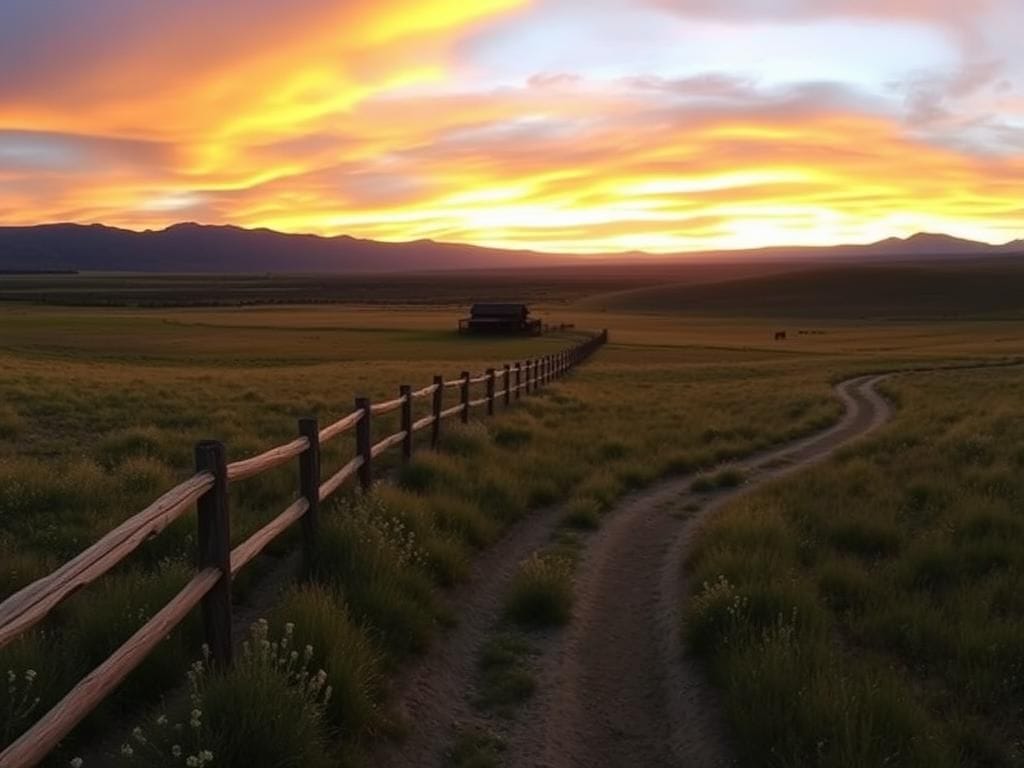 Flick International Panoramic view of the Dutton Ranch with sunset glow and wildflowers