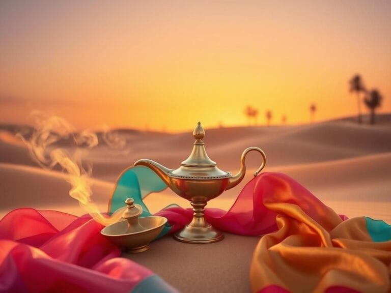 Flick International A whimsical brass lamp with colorful silk scarves, capturing the magic of 'I Dream of Jeannie'.