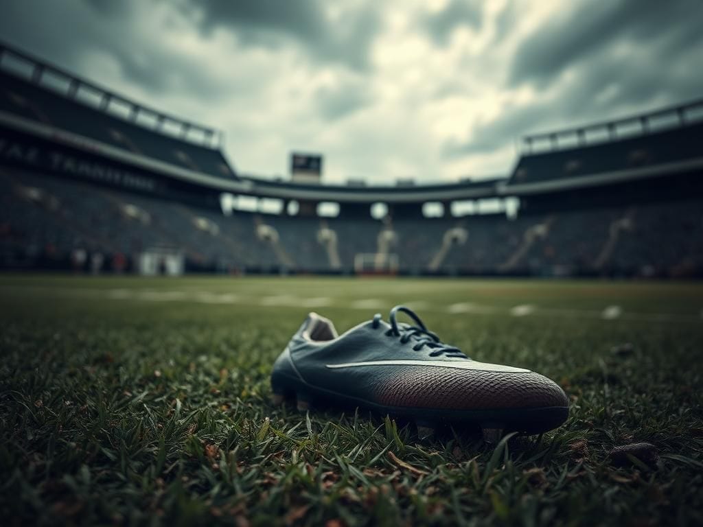 Flick International Close-up view of discarded football cleats on the sidelines, symbolizing loss and missed opportunities for Joe Mixon.
