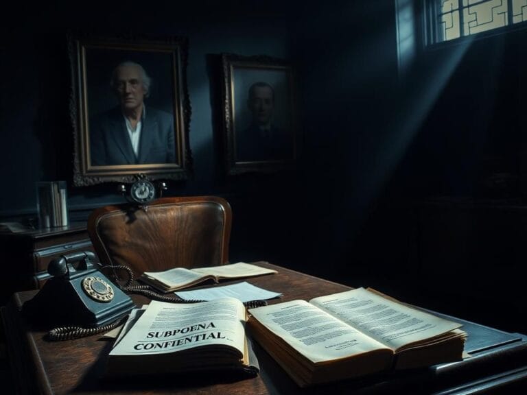 Flick International A shadowy room with a wooden desk and legal documents, representing the investigations into Jeffrey Epstein's case.