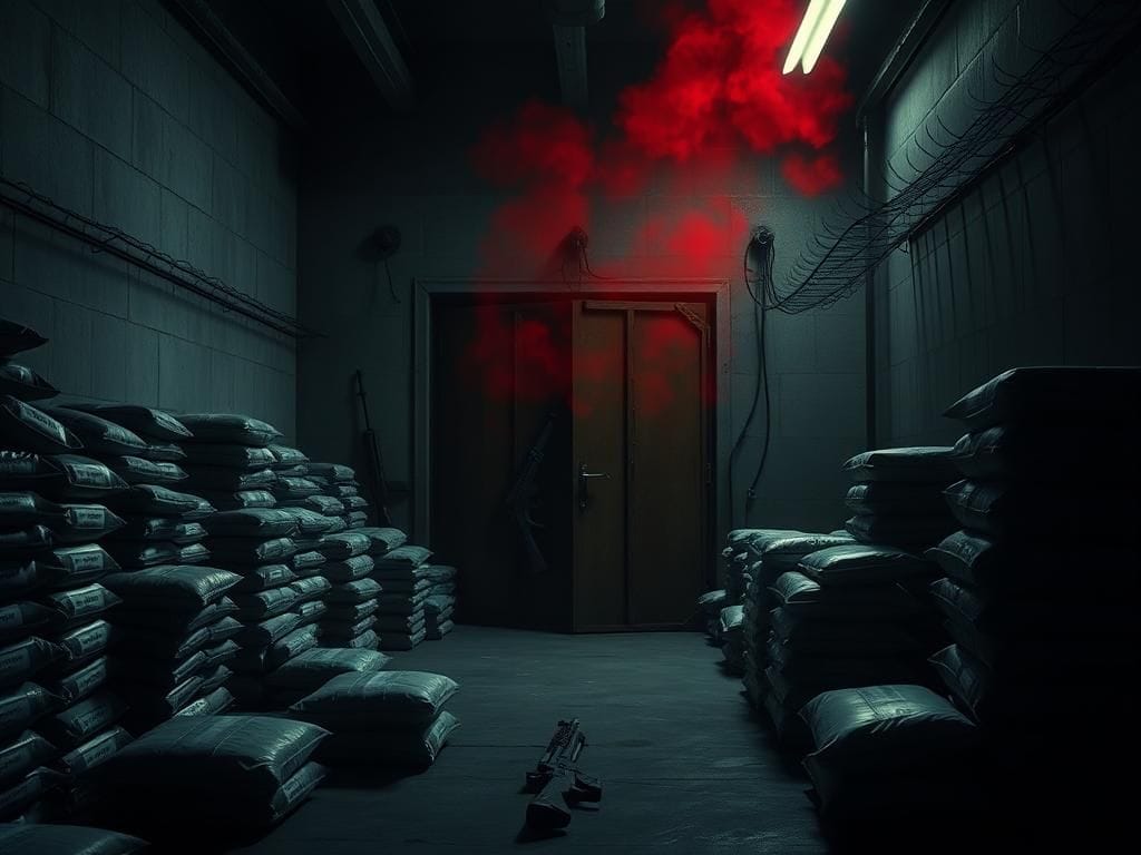 Flick International Dark warehouse filled with stacks of confiscated drug packages and military-grade weapons, symbolizing cartel violence
