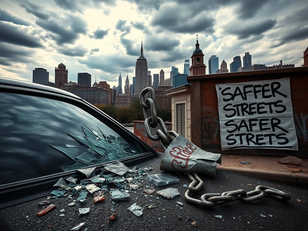 Flick International Chaotic urban landscape with shattered car window and stormy skyline reflecting political tension