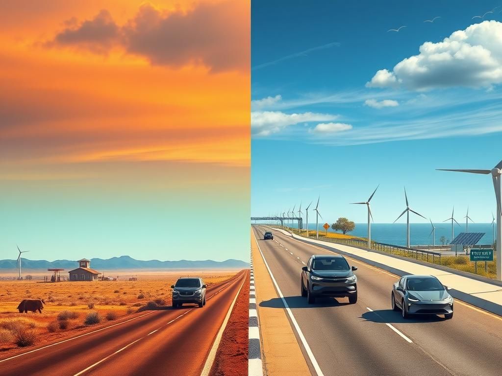 Flick International A split landscape illustrating Texas and California's automotive policies with contrasting elements
