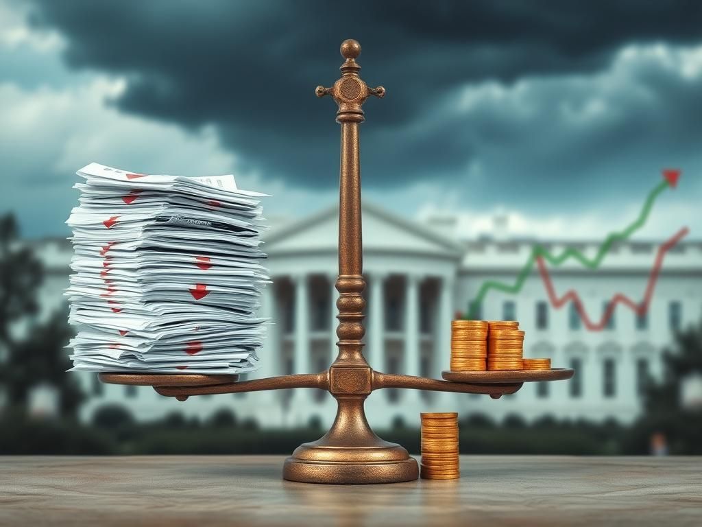 Flick International Conceptual representation of economic uncertainty with a weathered scale tipped unevenly, stacks of economic reports and gold coins in contrast.