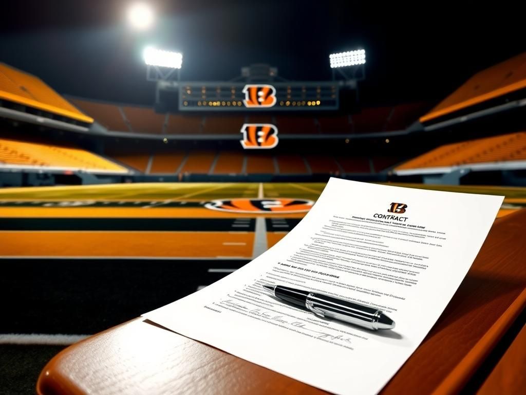 Flick International Silver contract document on a Bengals locker room bench symbolizing Trey Hendrickson's revised contract agreement