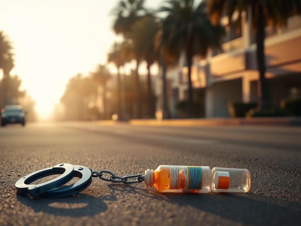 Flick International A deserted urban street in Studio City, Los Angeles with discarded police handcuffs and a prescription bottle