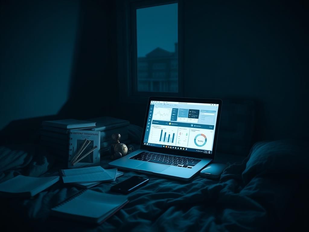 Flick International Dimly lit bedroom with a laptop displaying a digital monitoring dashboard and personal items suggesting a student's life.