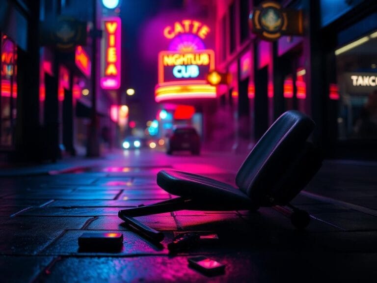 Flick International A dimly lit urban street scene in downtown Cincinnati at night with overturned chair and scattered personal items