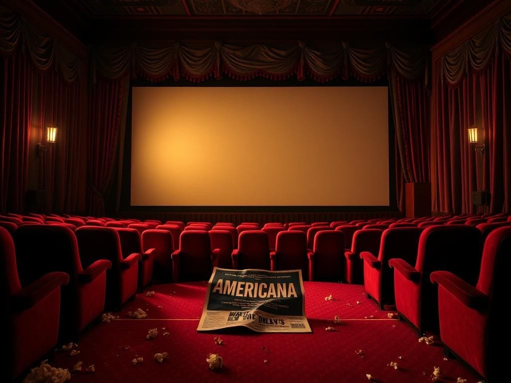 Flick International Dimly lit indie movie theater with empty red velvet seats and a faded 'Americana' poster