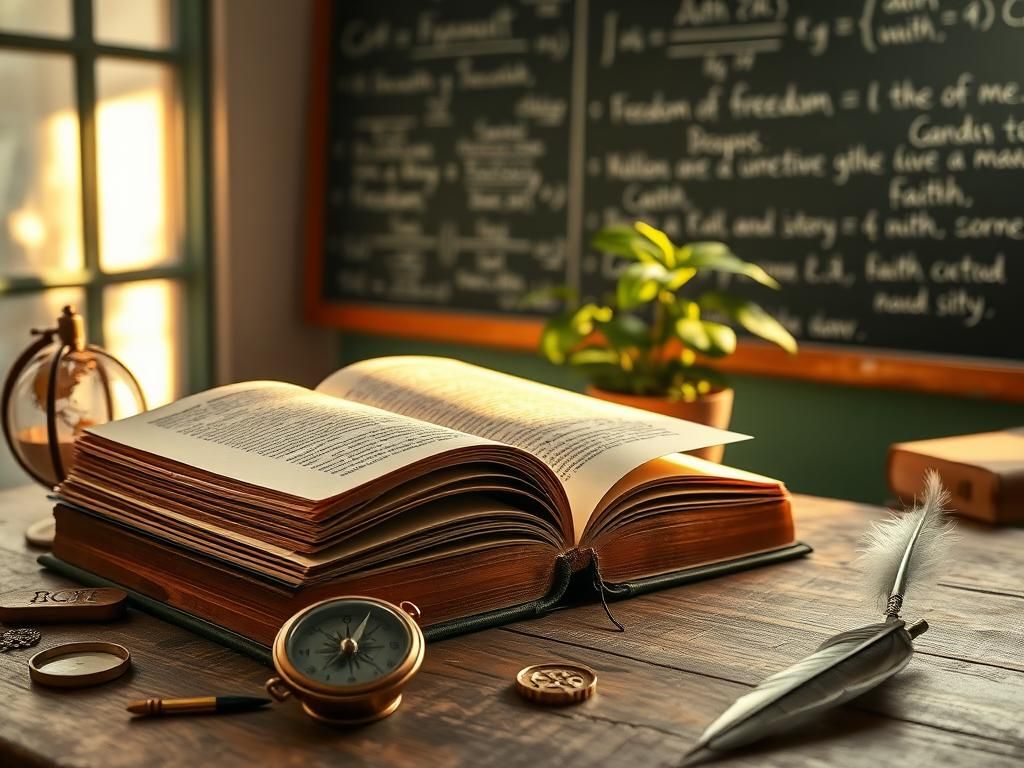 Flick International An open book on a wooden table, surrounded by educational symbols and illuminated by sunlight