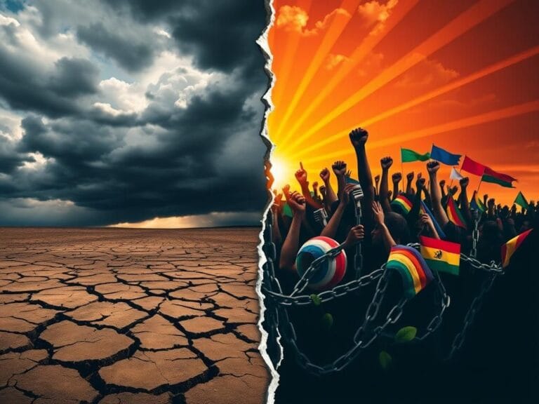 Flick International Split image illustrating political division and unity with storm clouds and a vibrant sunrise