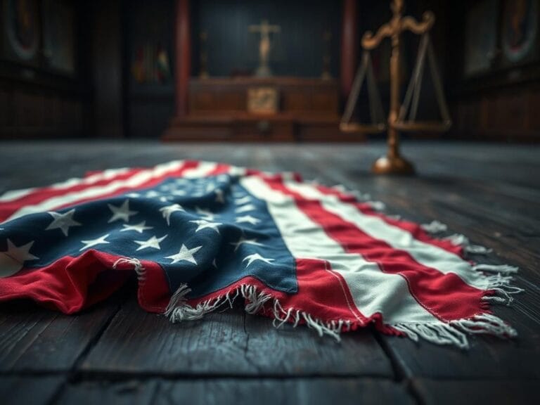 Flick International Close-up of a tattered American flag on a weathered wooden floor symbolizing the flag desecration debate