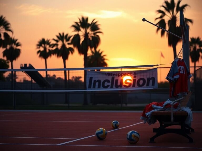 Flick International Empty high school volleyball court at sunset with volleyballs scattered