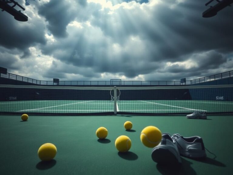 Flick International Empty US Open tennis court with scattered tennis balls and chair umpire's empty seat