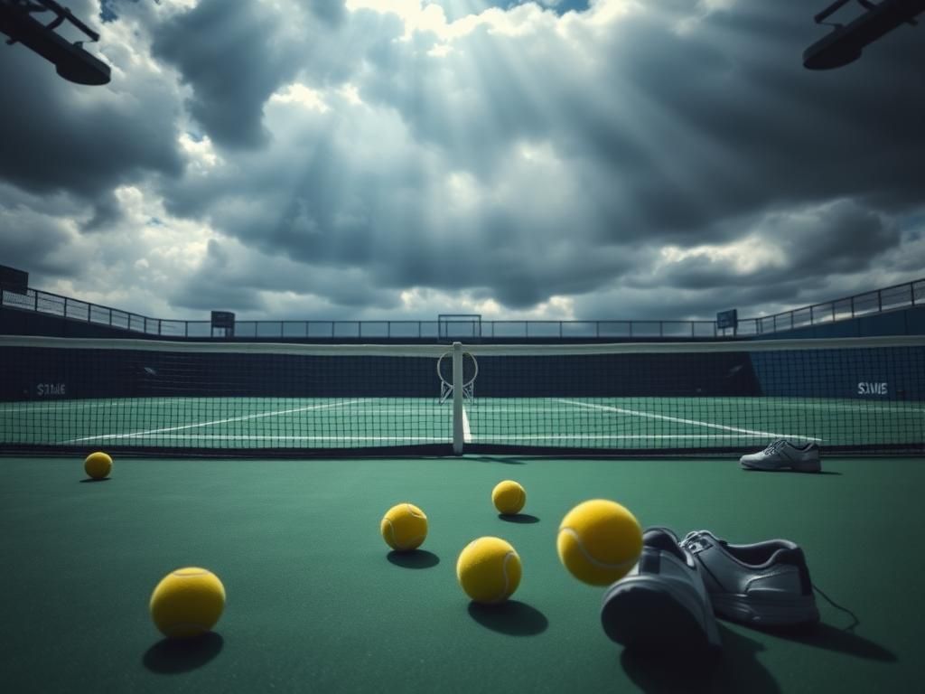 Flick International Empty US Open tennis court with scattered tennis balls and chair umpire's empty seat