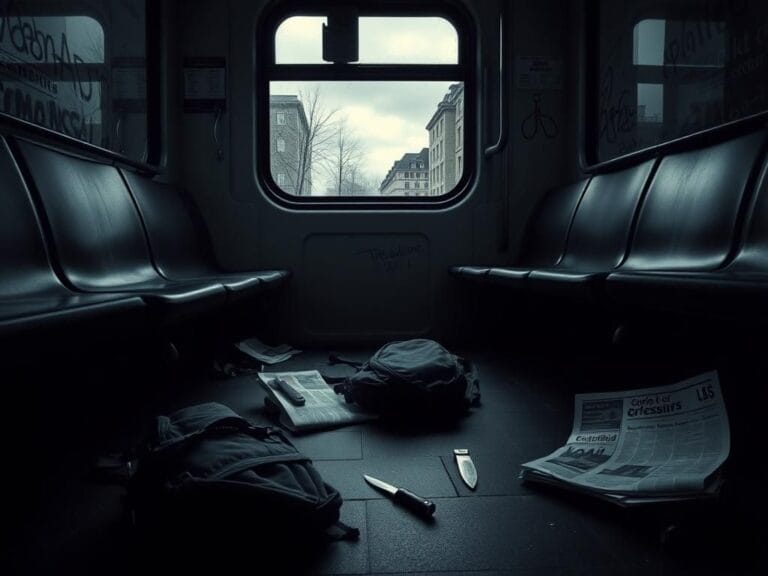 Flick International Dark interior of a tram in Dresden showing crime scene details including a fallen backpack and bandaged knife