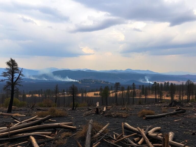 Flick International Dramatic landscape showing the aftermath of the Oregon Flat Fire with scorched earth and charred trees