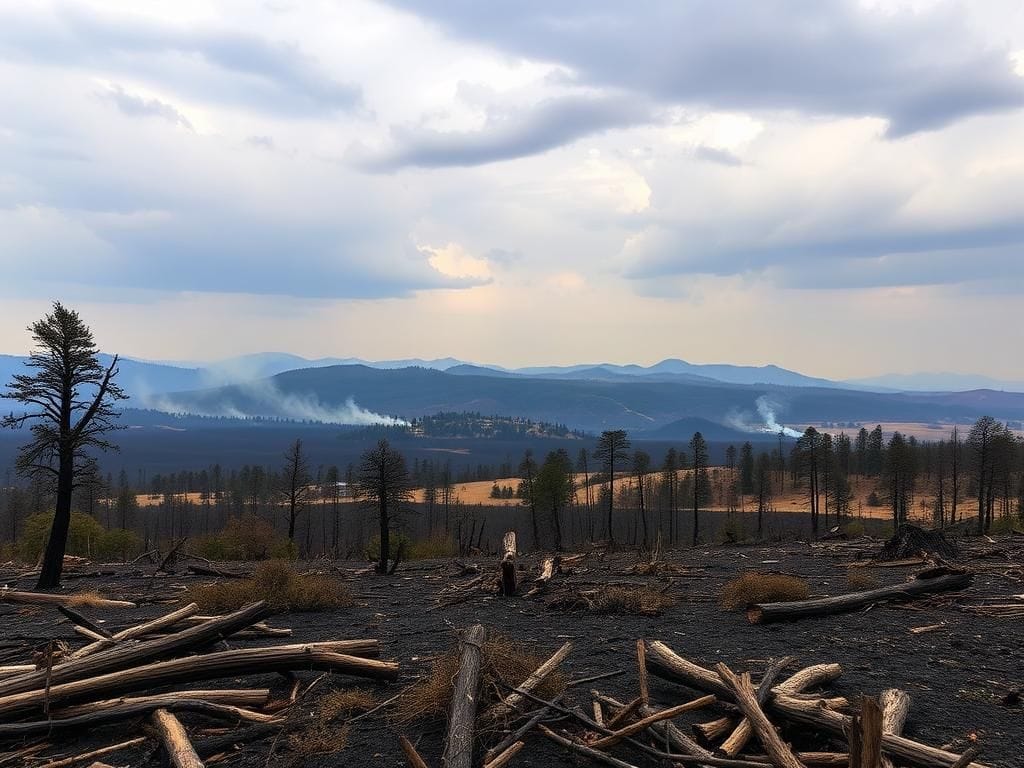 Flick International Dramatic landscape showing the aftermath of the Oregon Flat Fire with scorched earth and charred trees