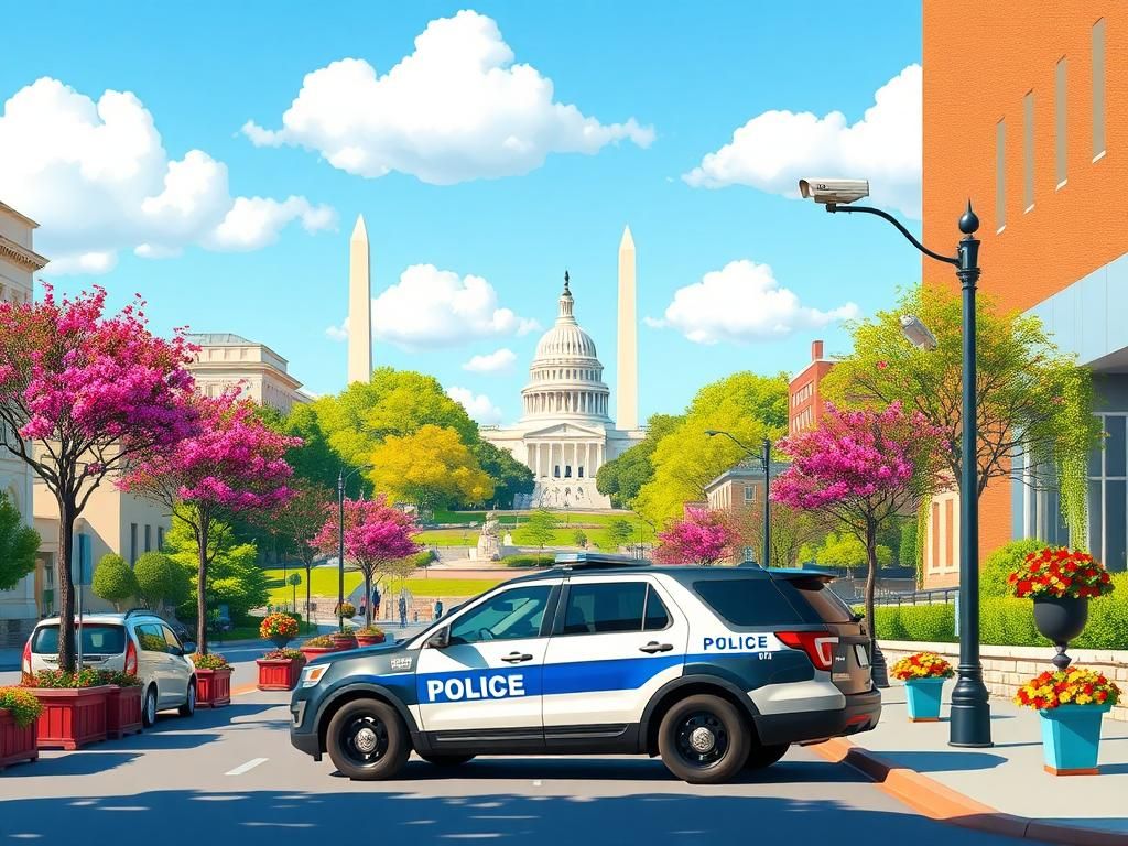 Flick International Modern police vehicle parked in a vibrant Washington D.C. street with flowering trees and iconic landmarks in the background