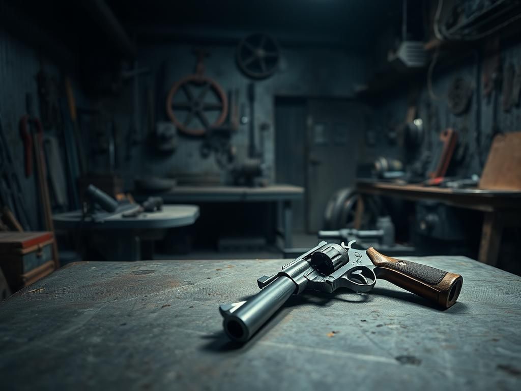 Flick International Dark workshop scene depicting a rusty table and a revolver, alluding to the torture of Russian roulette.