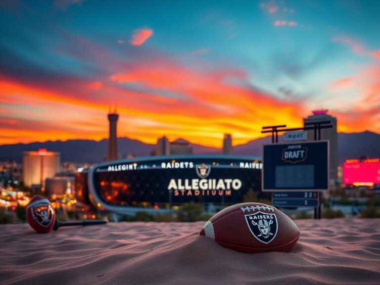 Flick International Vibrant Las Vegas skyline at sunset with Allegiant Stadium in the foreground