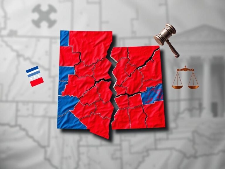 Flick International Abstract depiction of a fractured map of Utah with gerrymandered congressional districts highlighted in contrasting colors.