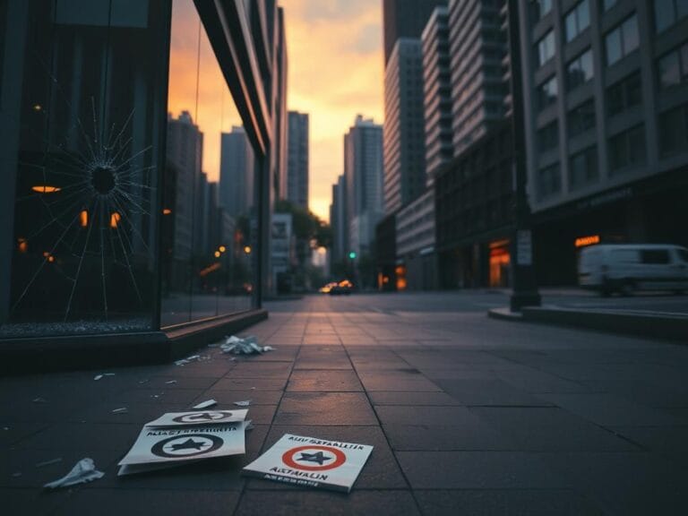 Flick International Empty street in Sydney at dusk with shattered glass window and antisemitic flyers