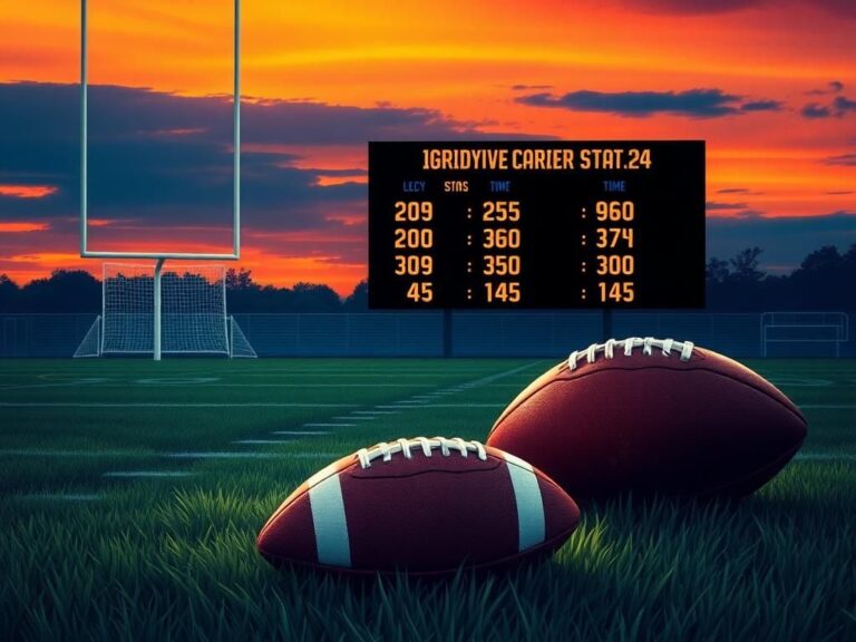 Flick International Stylized artwork of a football field at dusk featuring a weathered football and illuminated digital scoreboard displaying Tom Brady's career stats.