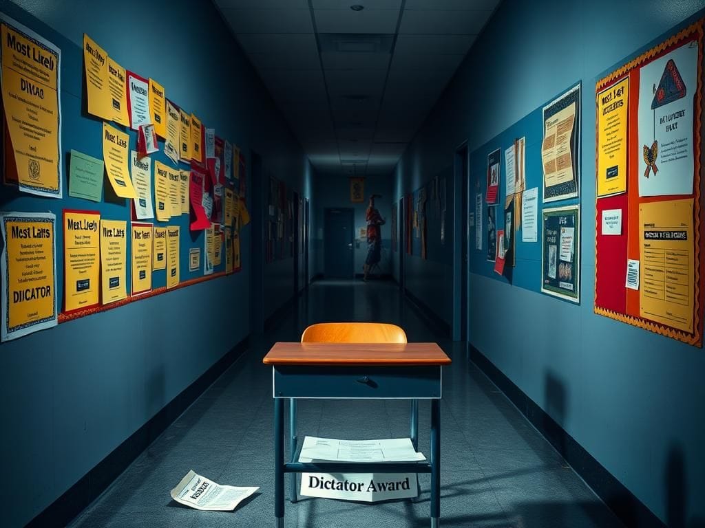 Flick International School hallway with colorful bulletin boards and a desk holding a crumpled 'Dictator Award' paper