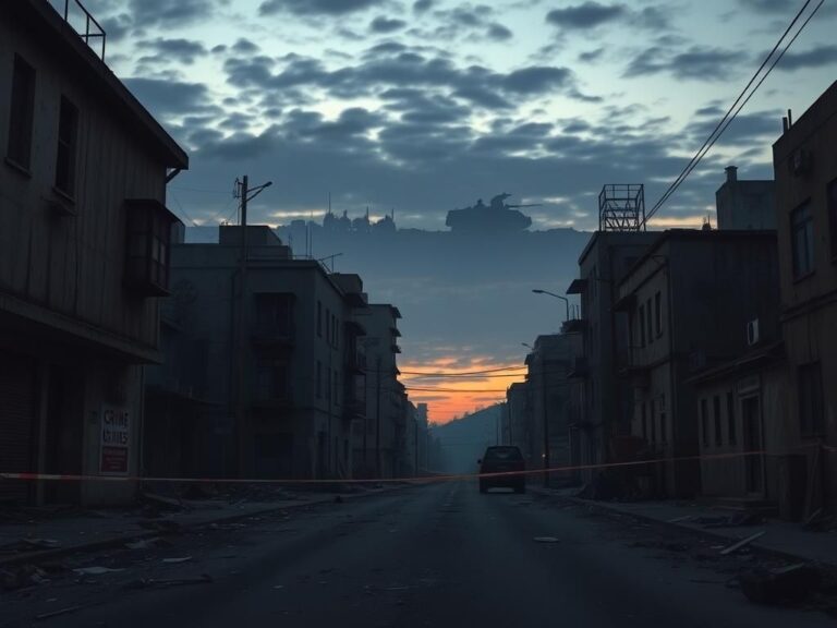 Flick International deserted city street at dusk with military presence