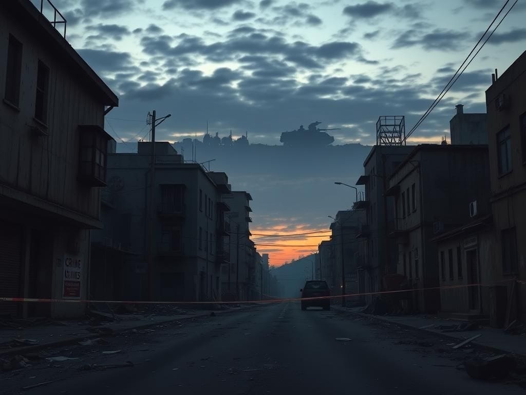 Flick International deserted city street at dusk with military presence