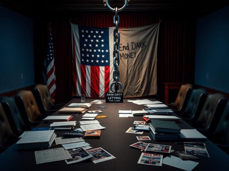 Flick International Somber conference table at DNC summer meeting with documents and campaign materials highlighting internal debate