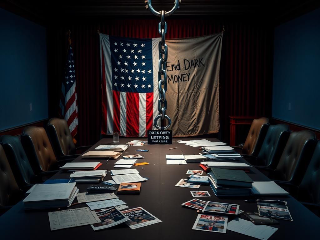 Flick International Somber conference table at DNC summer meeting with documents and campaign materials highlighting internal debate