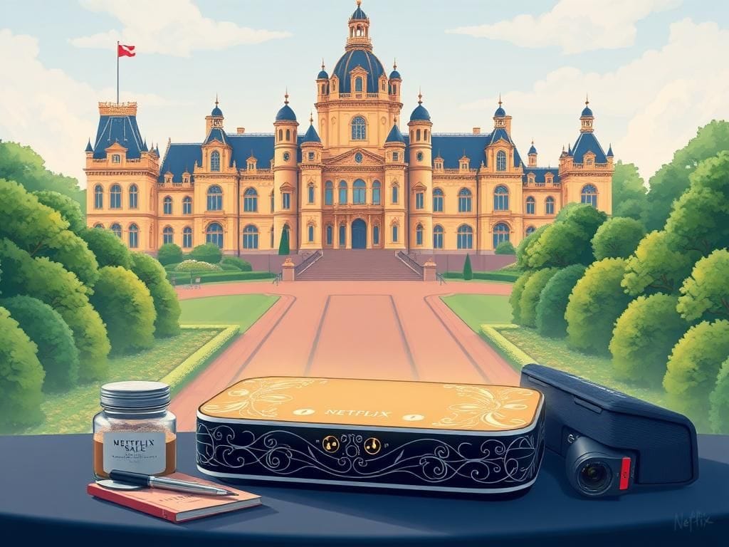 Flick International Luxurious castle symbolizing the British royal family with a modern streaming device in the foreground